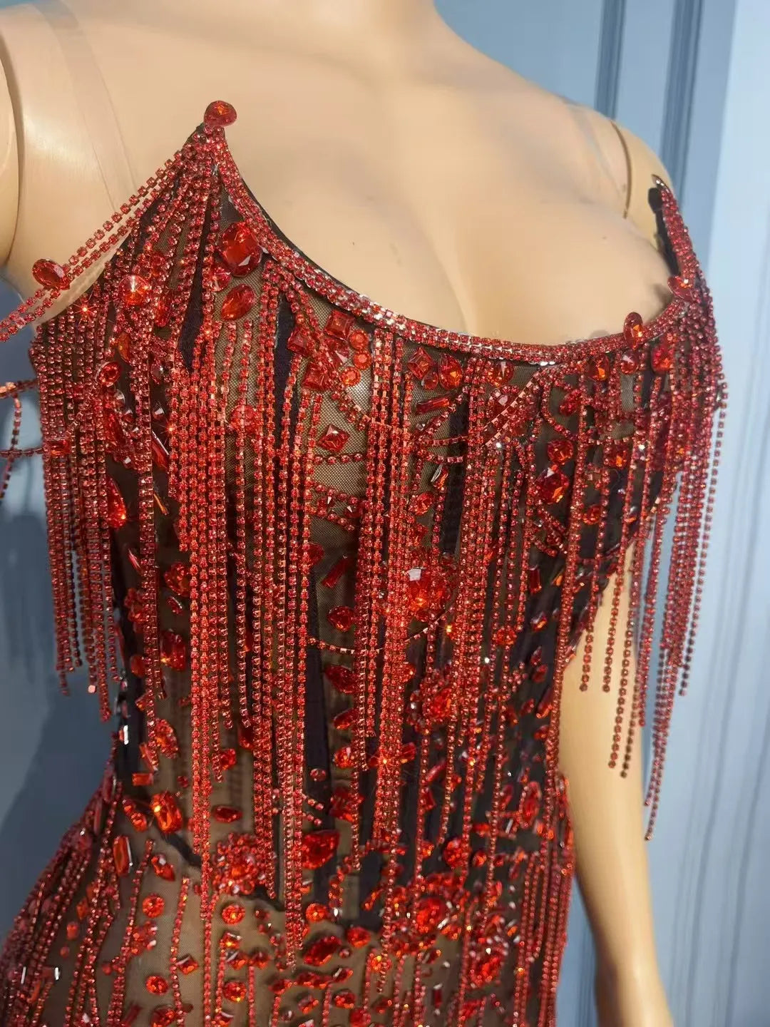 Red Party Diamond Chains Strapless Dress Women Evening Celebrate Red Carpet Catwalk Cocktail Dress Singer Concert Stage Costume