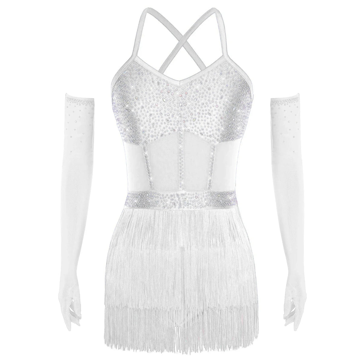 Rhinestone Latin Dance Dress, Mesh Tiered Tassel Bodysuit & Long Gloves Set