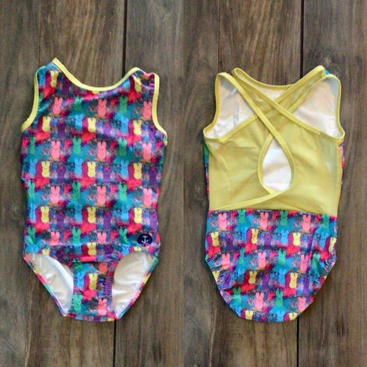 Multi Color Easter Bunny Marshmallows Mesh Cross Back Leotard