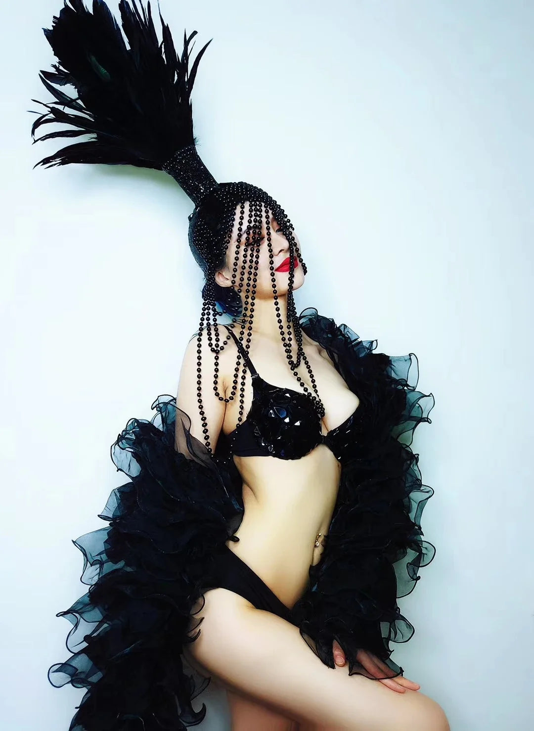 Red White Feather Beading Headgear Rhinestones Bikini Set for Nightclub Bar Leading Dance Team Model Show Performance Costume