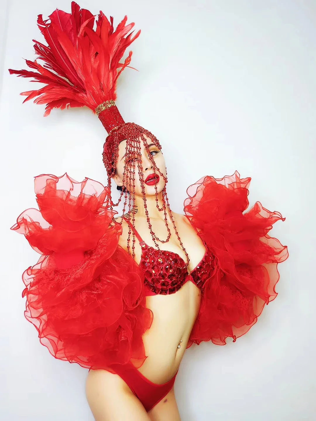 Red White Feather Beading Headgear Rhinestones Bikini Set for Nightclub Bar Leading Dance Team Model Show Performance Costume