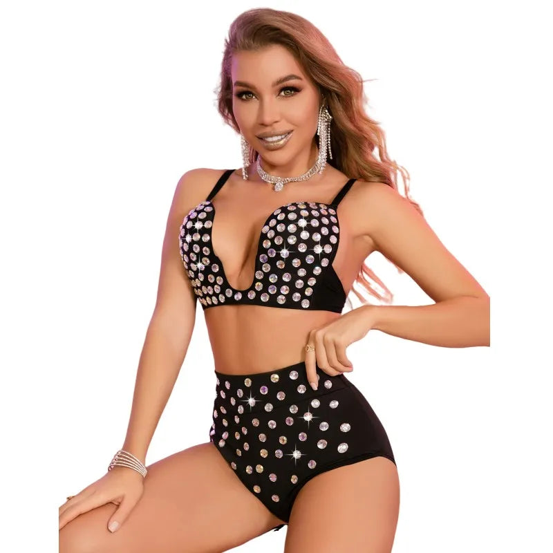 Black Rhinestone Crystal Bra & High-Waist Shorts Showgirl Set – Glamour Two-Piece Stage Performance Costume