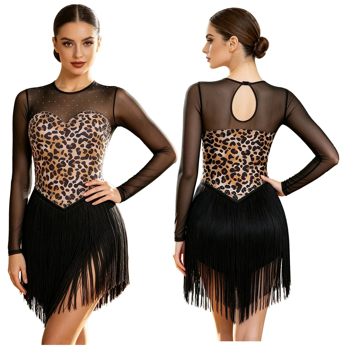 Leopard Rhinestone Fringe Latin Dance Bodysuit Mesh Long Sleeve Stage Performance Dress