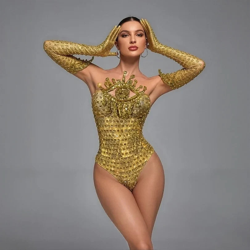 Vintage-Inspired Sparkly Rhinestones Gold Bodysuit Gloves Set