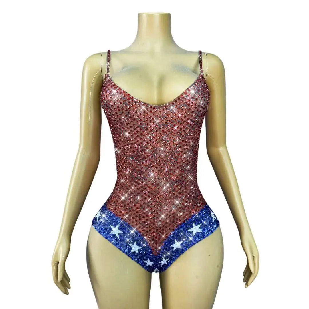 Nightclub Bar Stage Crystal Bodysuit Sparkly Red Blue Rhinestones Sleeveless Leotard Women Singer Dancer Sexy Show Stage Costume