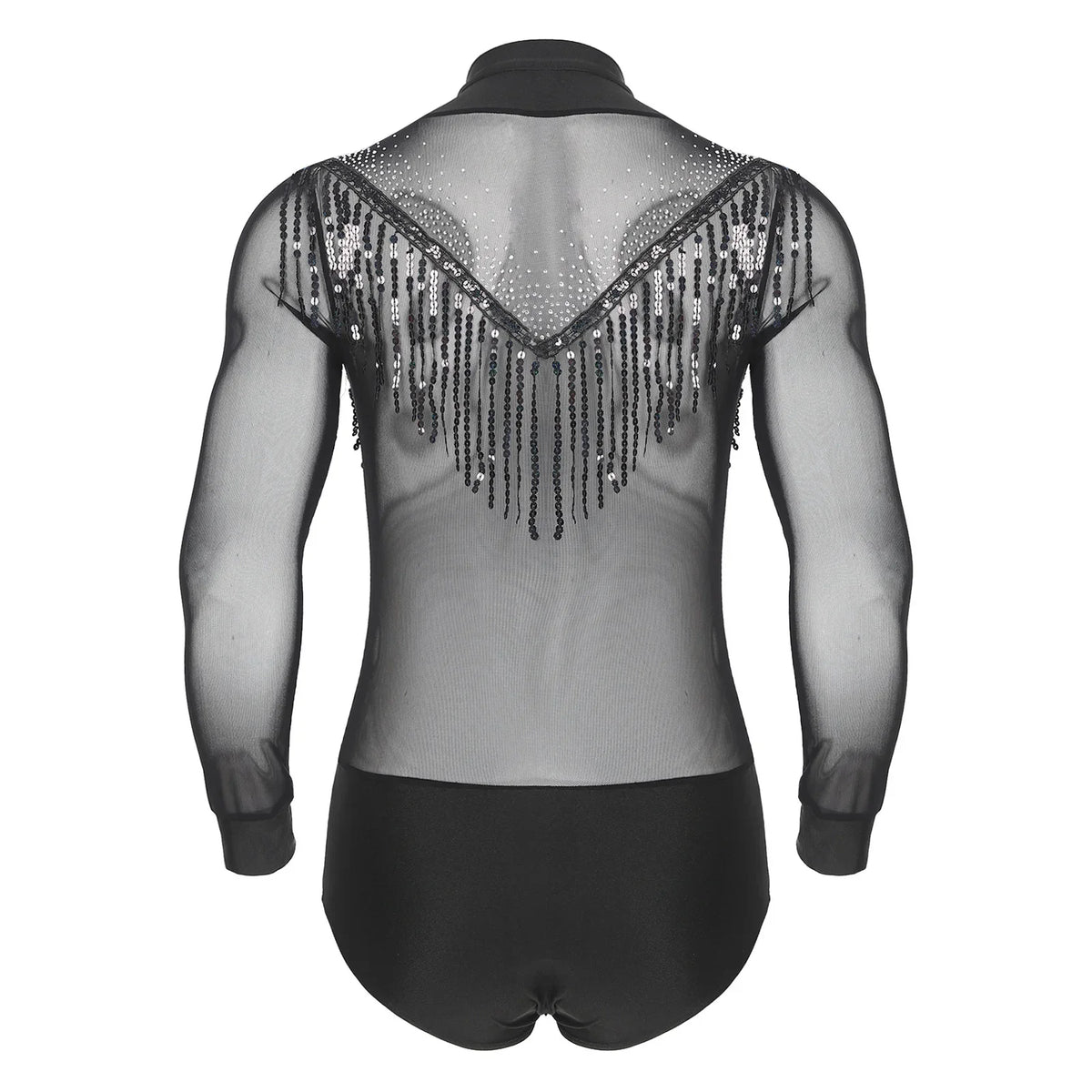Men's Latin Salsa Sequin Tassel & Rhinestone V-Neck Performance Leotard Bodysuit