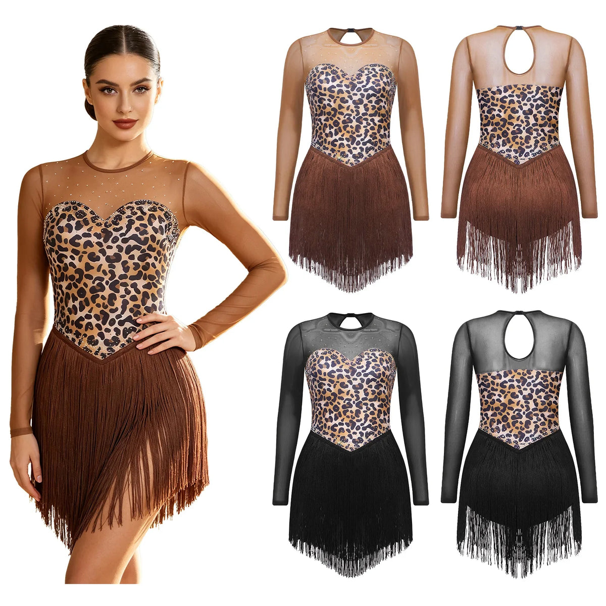 Leopard Rhinestone Fringe Latin Dance Bodysuit Mesh Long Sleeve Stage Performance Dress