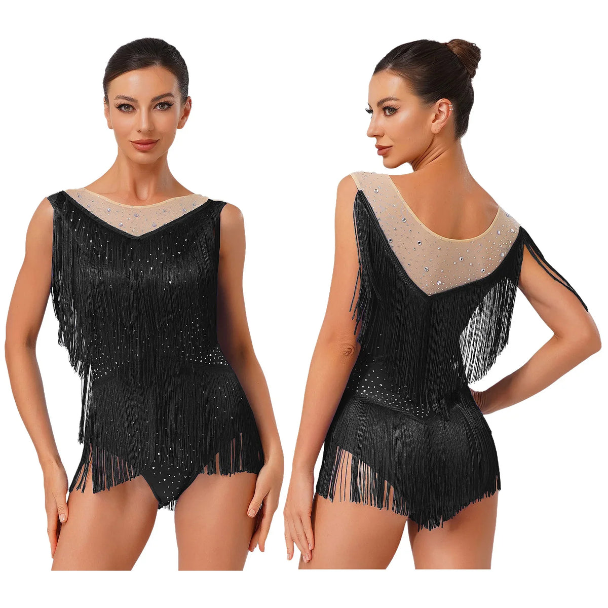 Sparkly Rhinestone & Tassel Fringe Latin Dance Leotard Crew Neck Bodysuit