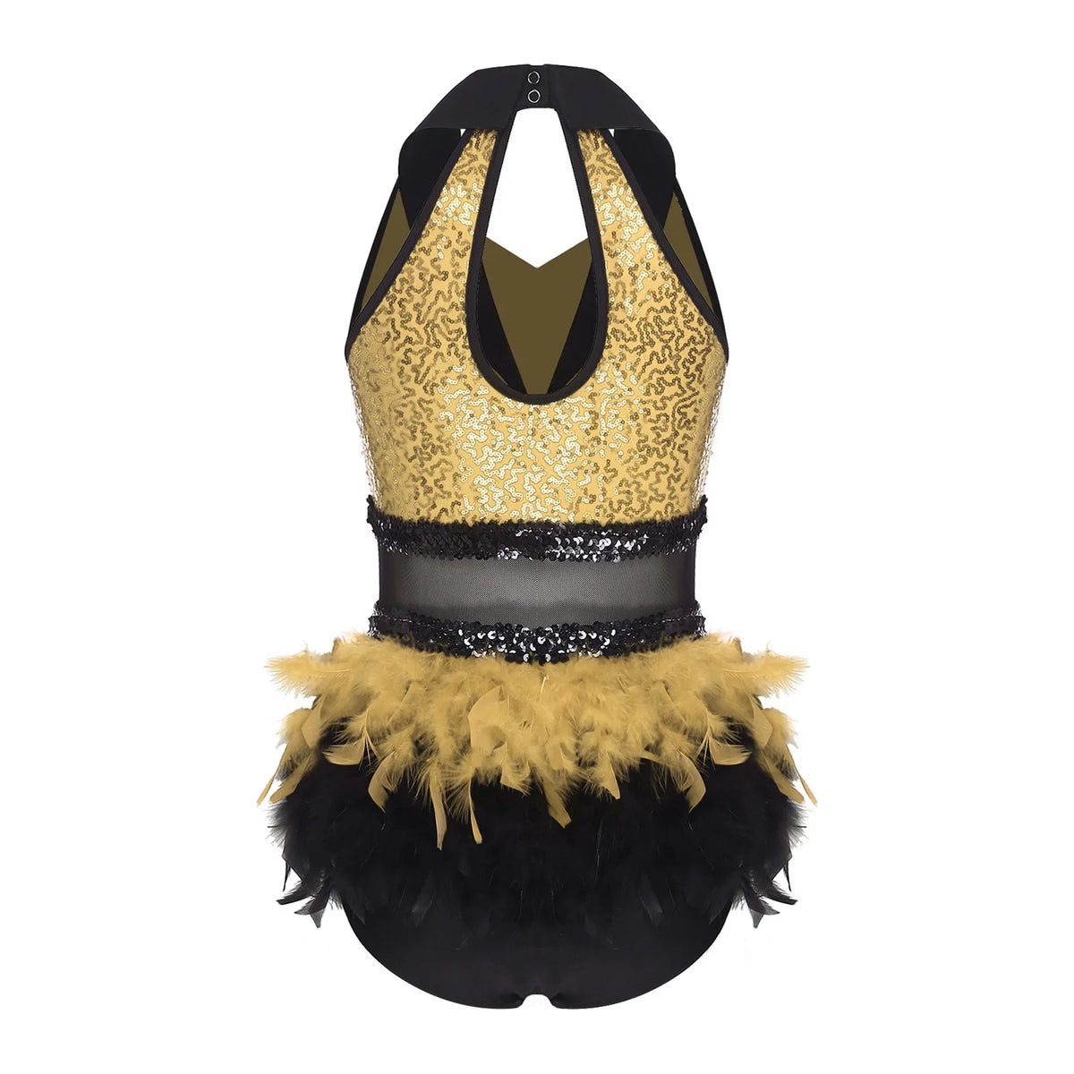 Women's Shiny Sequin Sheer Mesh Feather Latin Jazz Dance Bodysuit