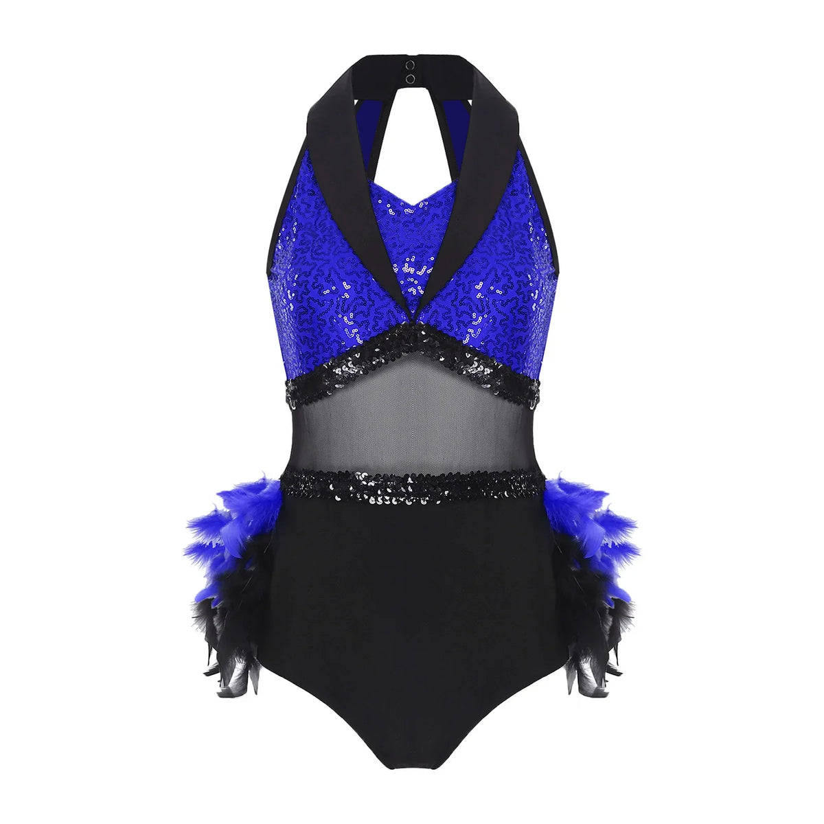 Women's Shiny Sequin Sheer Mesh Feather Latin Jazz Dance Bodysuit