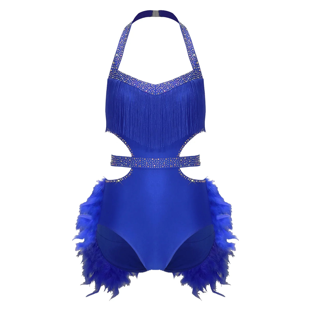 Glittery Rhinestone & Faux Feather Latin Dance Leotard Halter Bodysuit