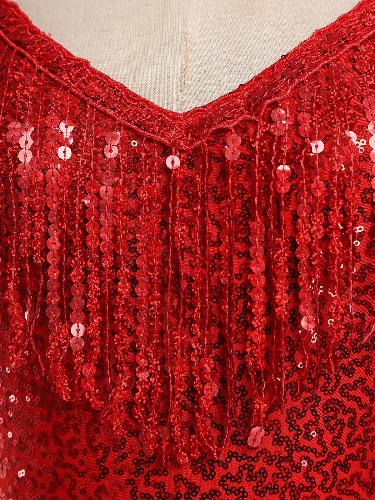 Sequins Fringed Cross Back Latin Dance Leotard Sleeveless V-Neck Bodysuit