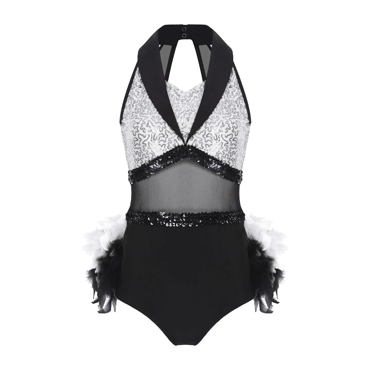Women's Shiny Sequin Sheer Mesh Feather Latin Jazz Dance Bodysuit