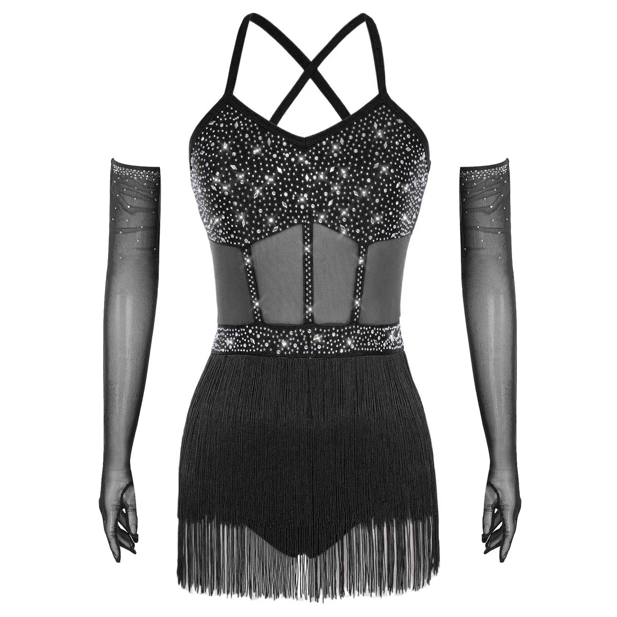 Rhinestone Latin Dance Dress, Mesh Tiered Tassel Bodysuit & Long Gloves Set