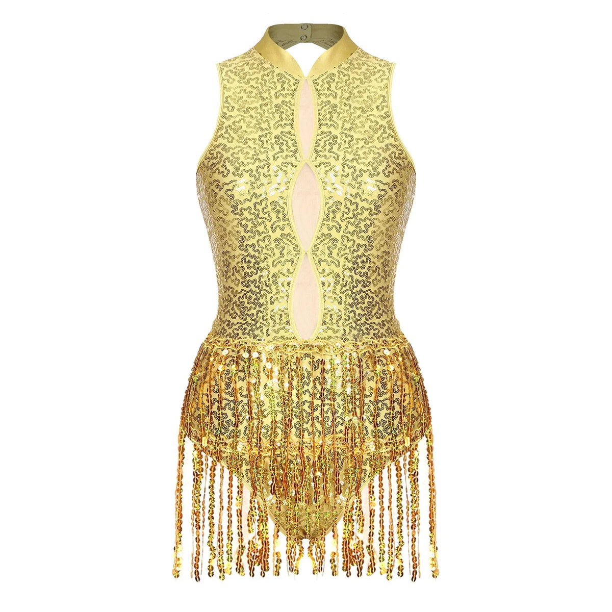 Glitter Sequin Fringe Latin Dance Leotard & Backless Performance Bodysuit