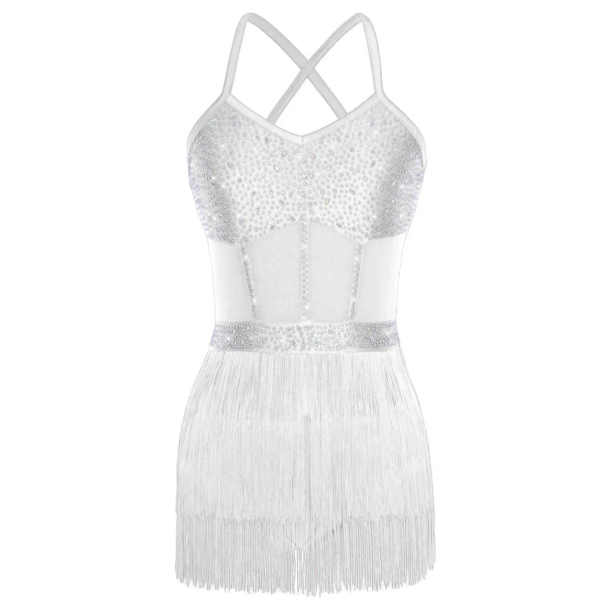 Rhinestone Latin Dance Dress, Mesh Tiered Tassel Bodysuit & Long Gloves Set