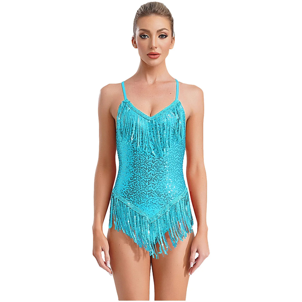 Sequins Fringed Cross Back Latin Dance Leotard Sleeveless V-Neck Bodysuit