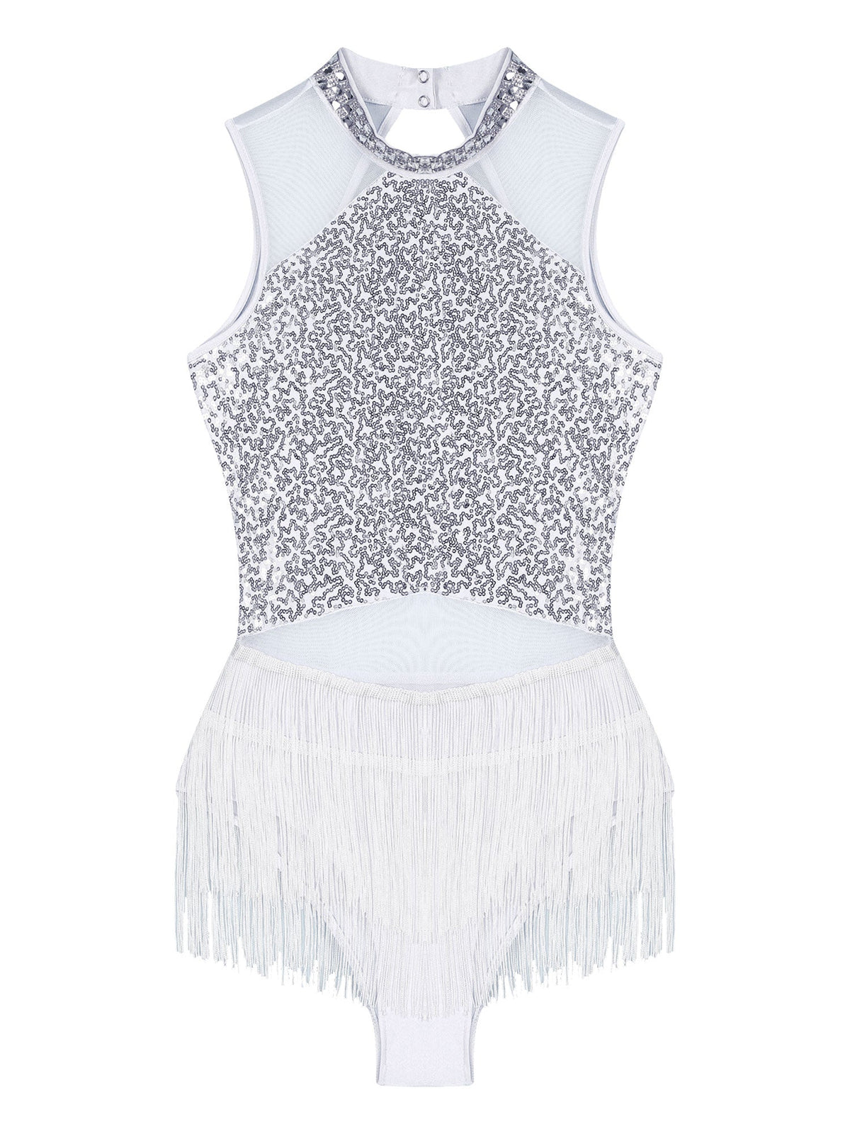 Women Sequins Diamond Latin Jazz Dance Costume Sleeveless Cutout Back Flowy Tassel Dress Leotard Tango Cha-Cha Samba Dancewear
