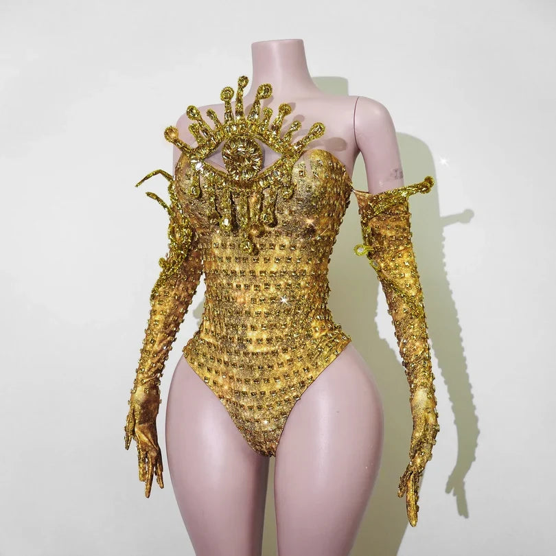 Vintage-Inspired Sparkly Rhinestones Gold Bodysuit Gloves Set