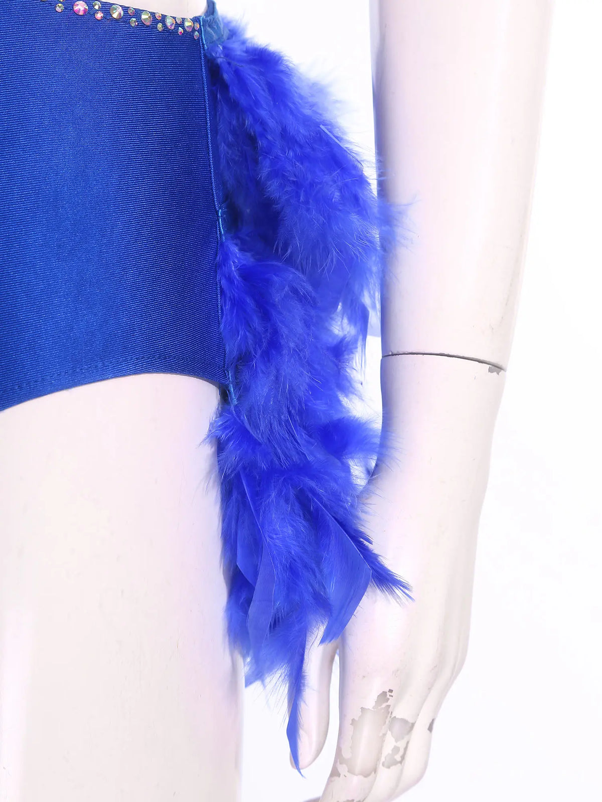 Glittery Rhinestone & Faux Feather Latin Dance Leotard Halter Bodysuit