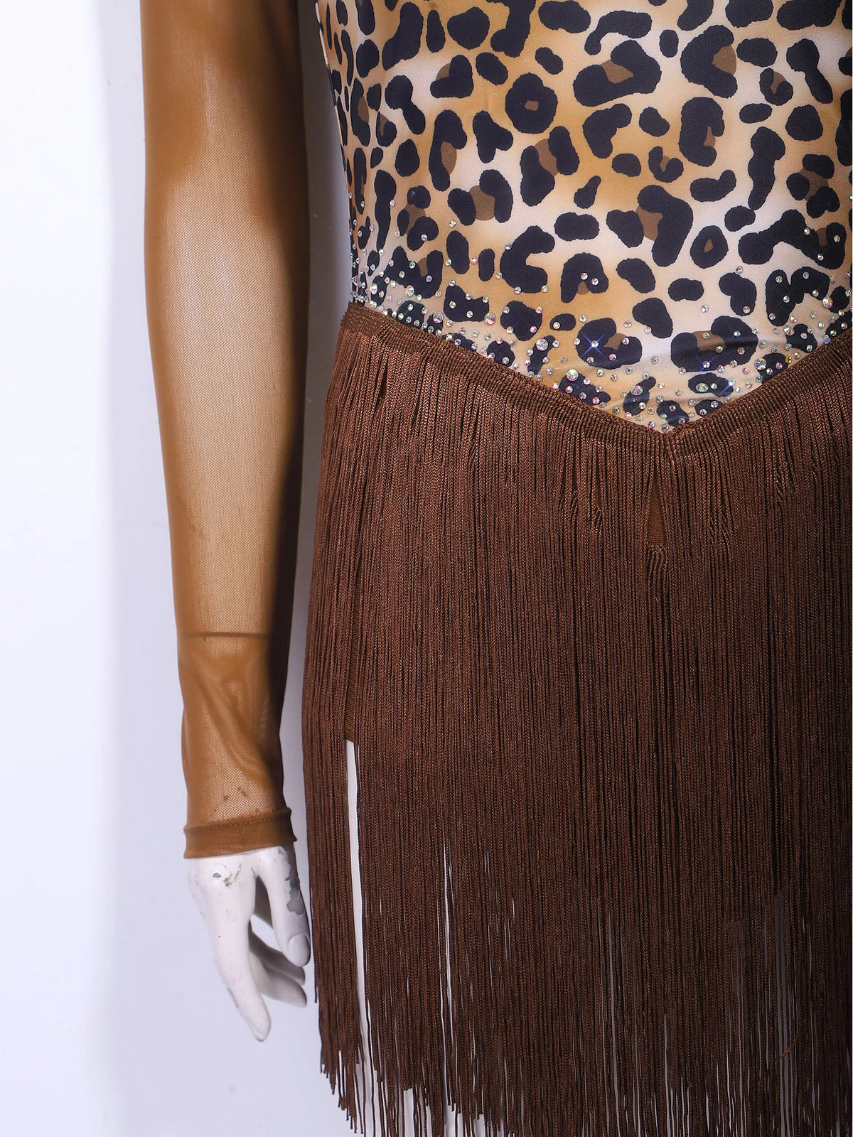 Leopard Rhinestone Fringe Latin Dance Bodysuit Mesh Long Sleeve Stage Performance Dress