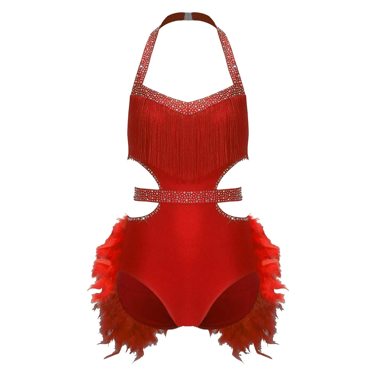 Glittery Rhinestone & Faux Feather Latin Dance Leotard Halter Bodysuit