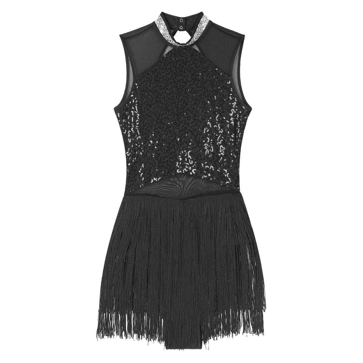 Women Sequins Diamond Latin Jazz Dance Costume Sleeveless Cutout Back Flowy Tassel Dress Leotard Tango Cha-Cha Samba Dancewear