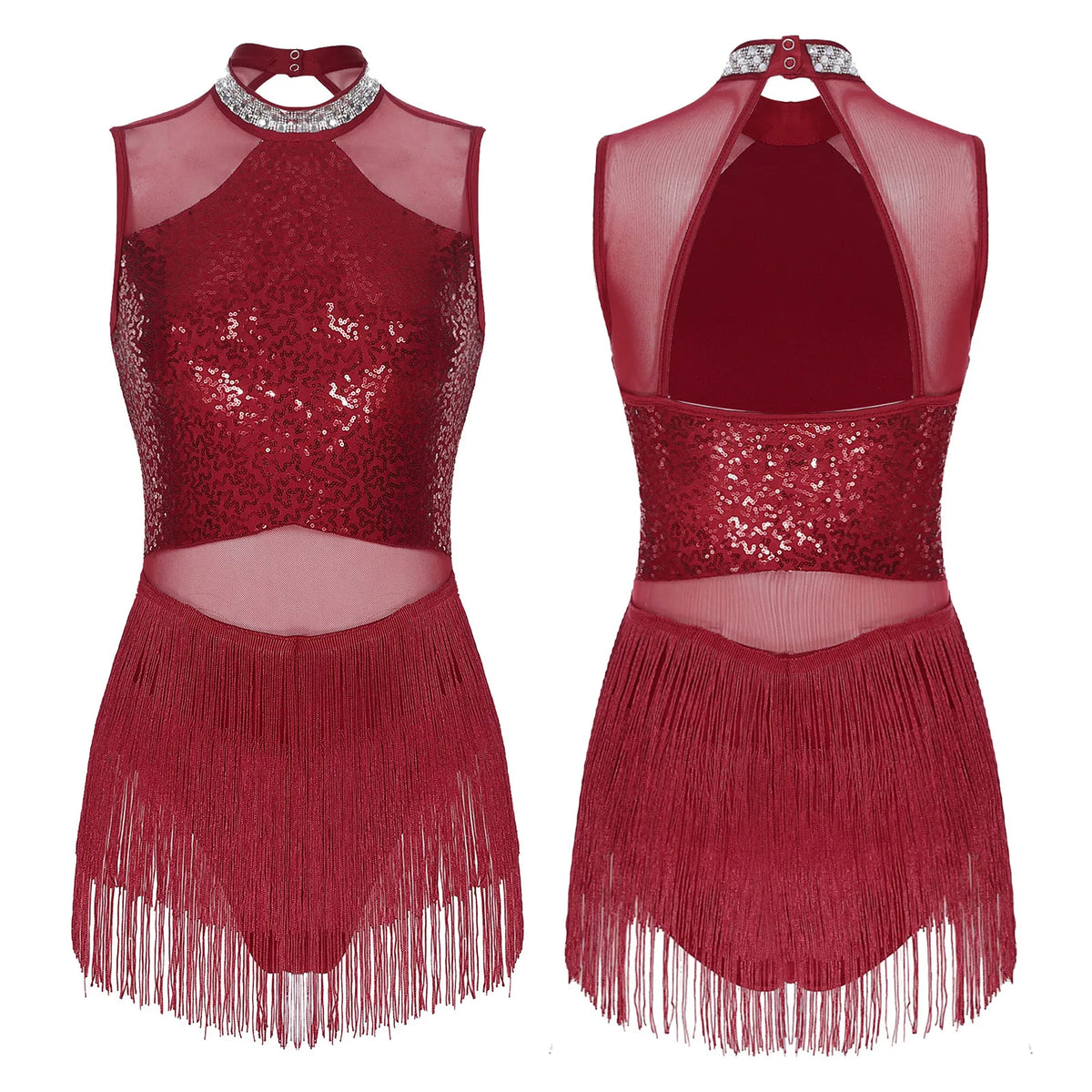 Women Sequins Diamond Latin Jazz Dance Costume Sleeveless Cutout Back Flowy Tassel Dress Leotard Tango Cha-Cha Samba Dancewear