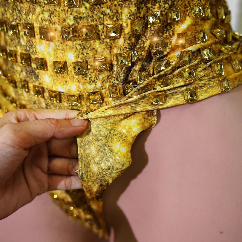 Vintage-Inspired Sparkly Rhinestones Gold Bodysuit Gloves Set