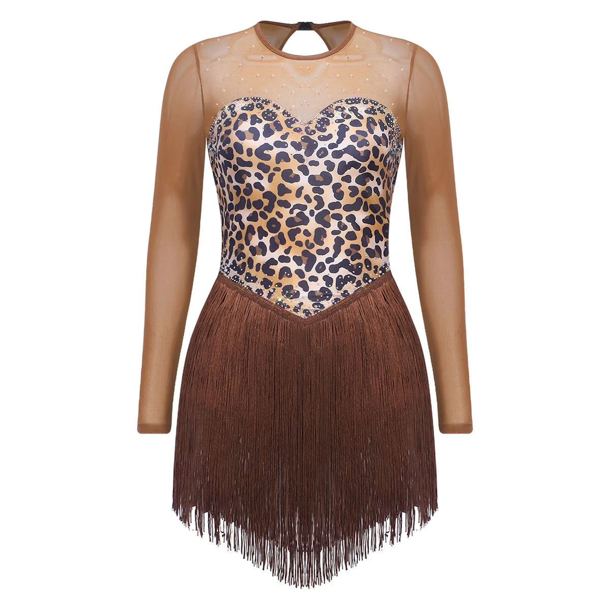 Leopard Rhinestone Fringe Latin Dance Bodysuit Mesh Long Sleeve Stage Performance Dress