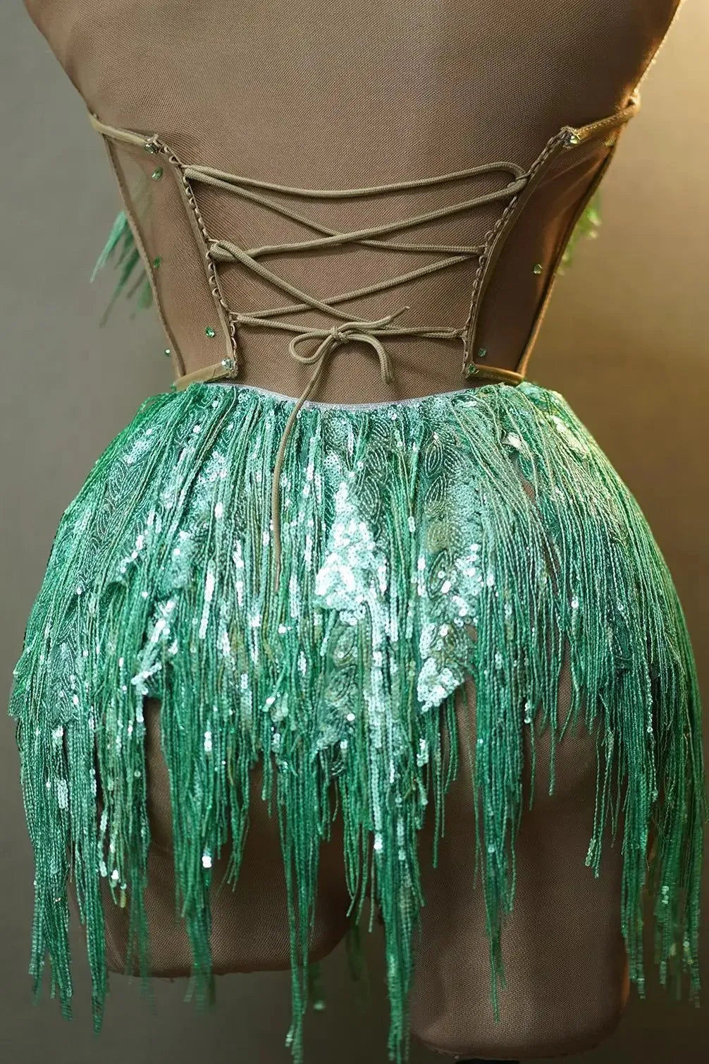 Women Green Sequin Tessel Costume Set Bling Stage Dancewear ShiningTassel Sexy Party Bra Pole Dance Dress Short Set