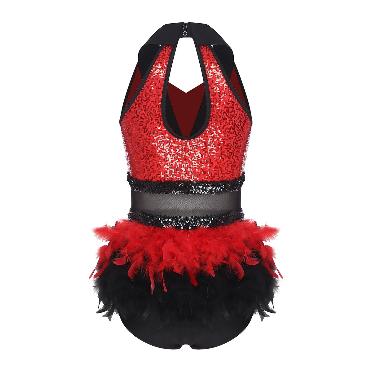 Women's Shiny Sequin Sheer Mesh Feather Latin Jazz Dance Bodysuit