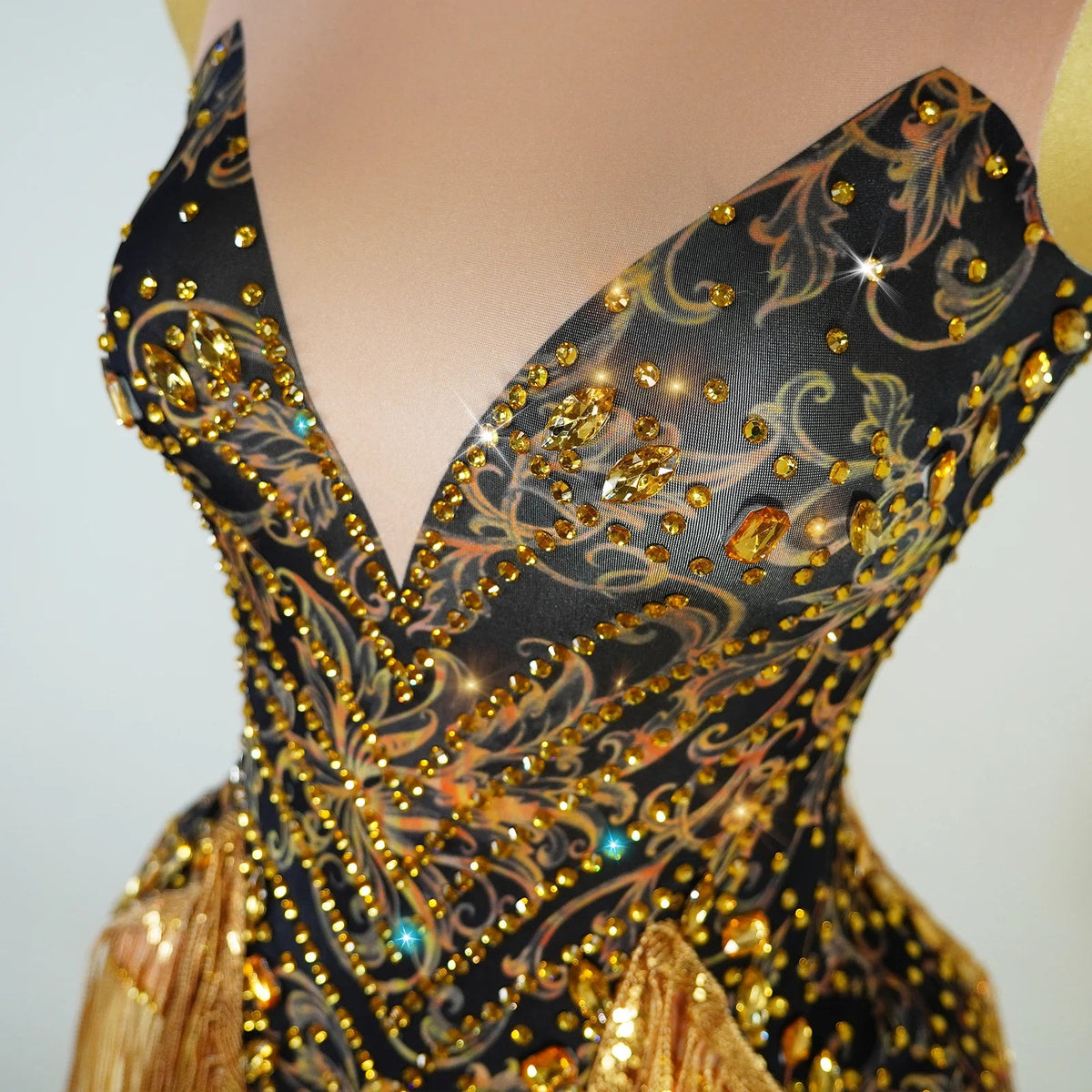Gold Rhinestone & Tassel Sleeveless Bodysuit Salsa Latin Dance Stage Costume