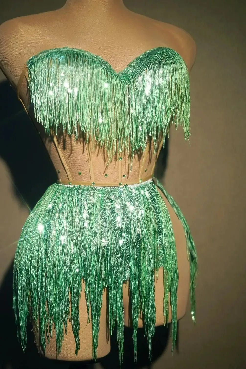 Women Green Sequin Tessel Costume Set Bling Stage Dancewear ShiningTassel Sexy Party Bra Pole Dance Dress Short Set