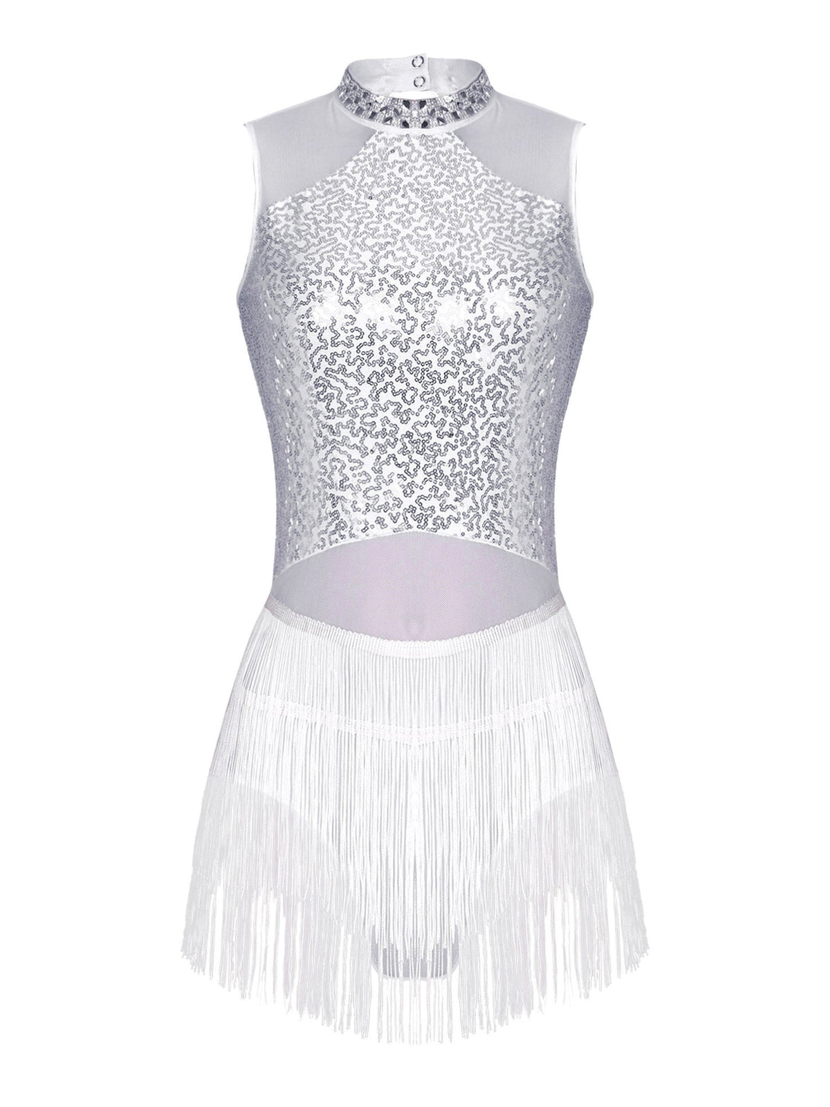 Women Sequins Diamond Latin Jazz Dance Costume Sleeveless Cutout Back Flowy Tassel Dress Leotard Tango Cha-Cha Samba Dancewear