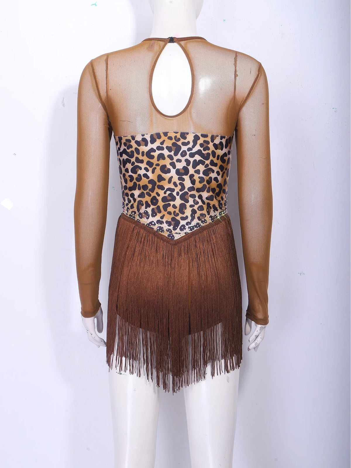 Leopard Rhinestone Fringe Latin Dance Bodysuit Mesh Long Sleeve Stage Performance Dress