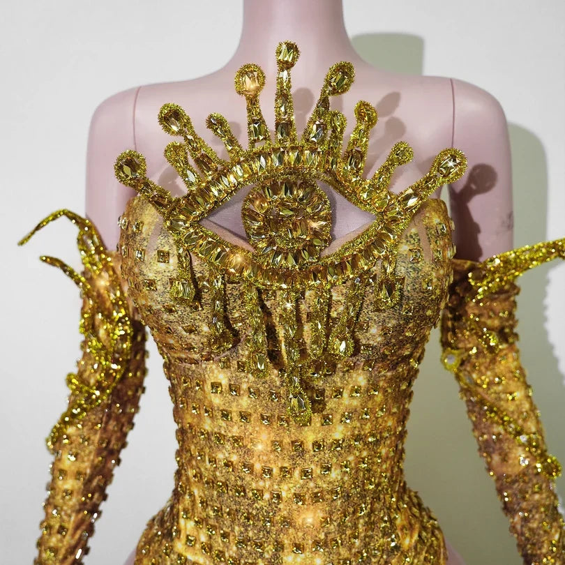 Vintage-Inspired Sparkly Rhinestones Gold Bodysuit Gloves Set