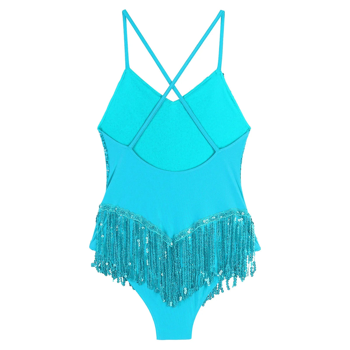 Sequins Fringed Cross Back Latin Dance Leotard Sleeveless V-Neck Bodysuit