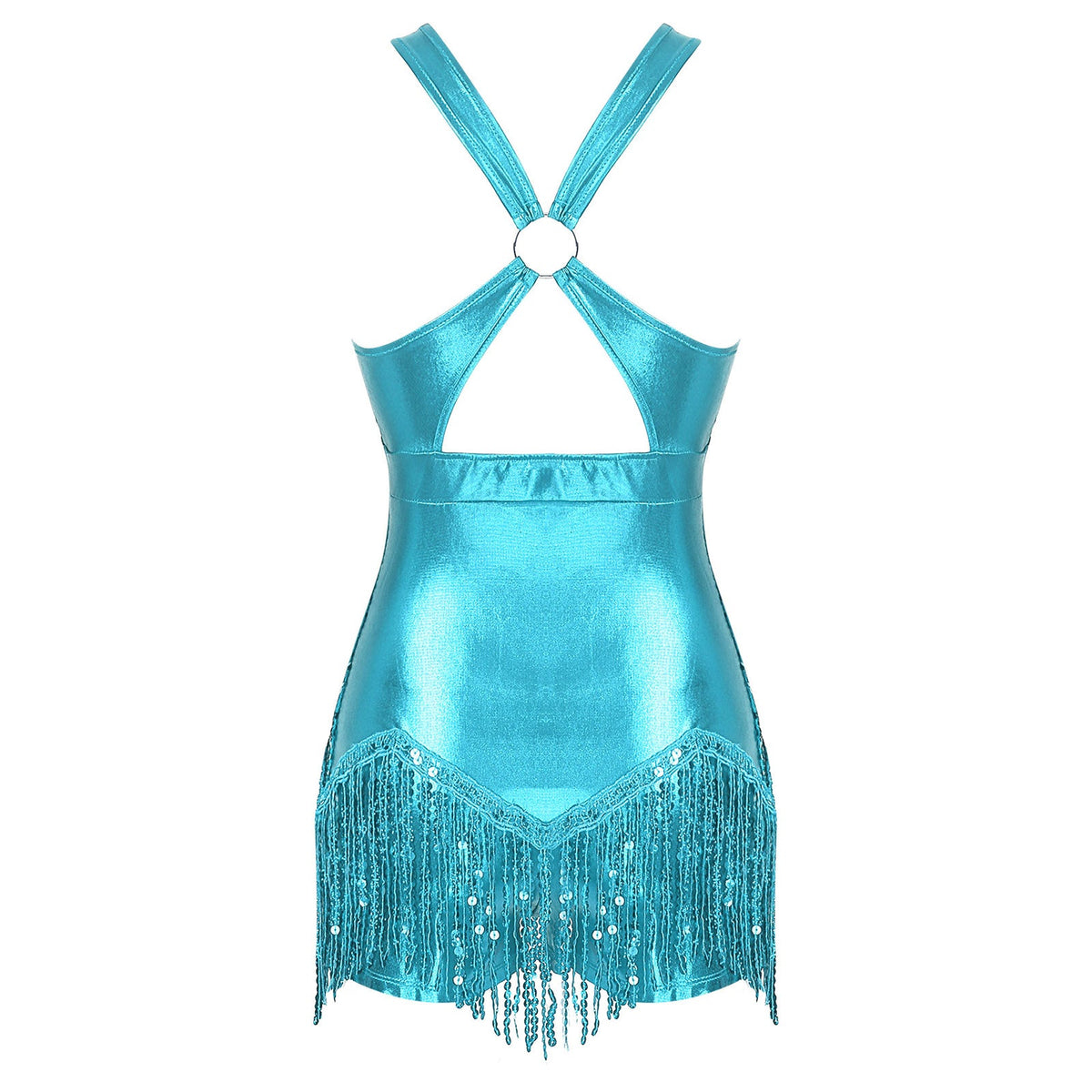 Sequined Fringe Cross-Front Latin Dance Leotard Costume Dress