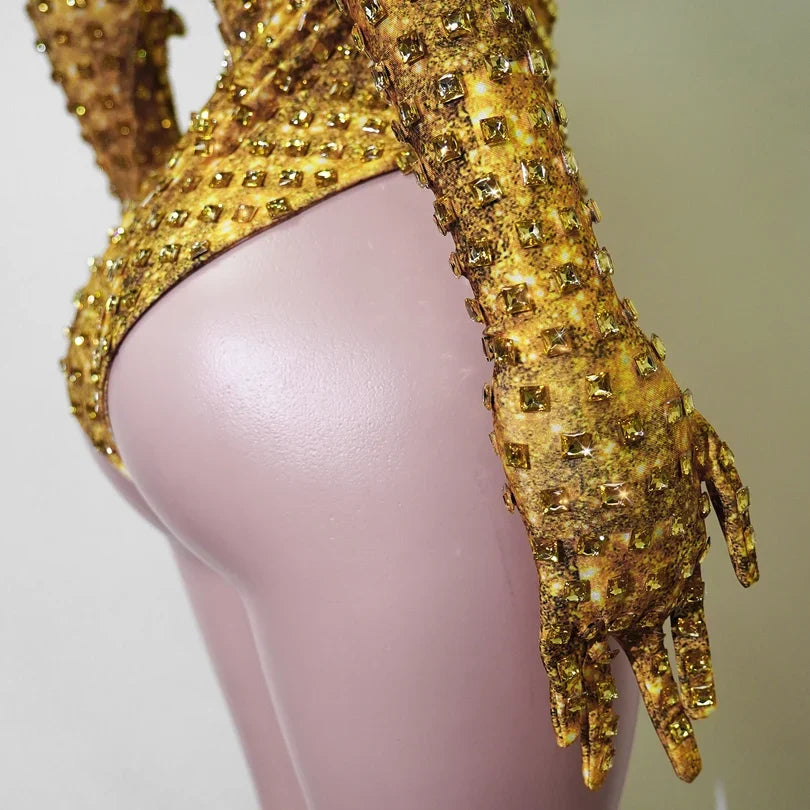 Vintage-Inspired Sparkly Rhinestones Gold Bodysuit Gloves Set