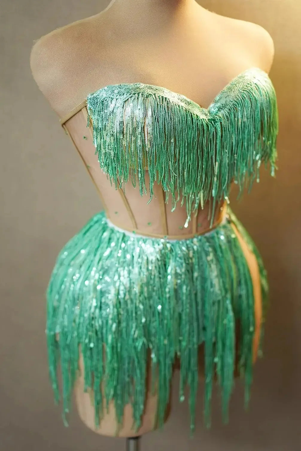 Women Green Sequin Tessel Costume Set Bling Stage Dancewear ShiningTassel Sexy Party Bra Pole Dance Dress Short Set