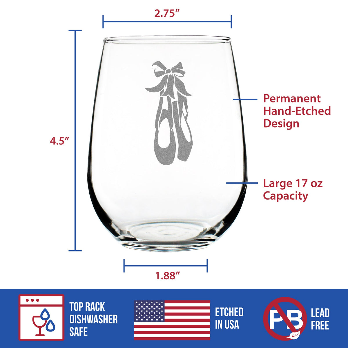 Ballet Shoes - Stemless Wine Glass - Ballerina and Dance Teacher Gifts - Large 17 Ounce
