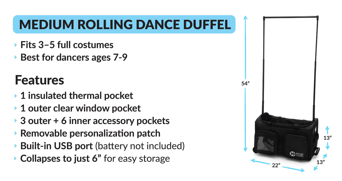 Medium Rolling Dance Bag with Garment Rack - Raven Black, 22"